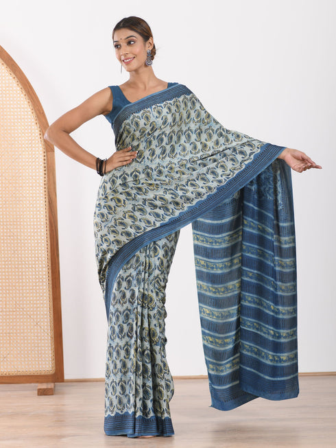 MULMUL FAIENCE BLOCK PRINTED MODAL SATIN SAREE MULMUL FAIENCE BLOCK PRINTED MODAL SATIN SAREE